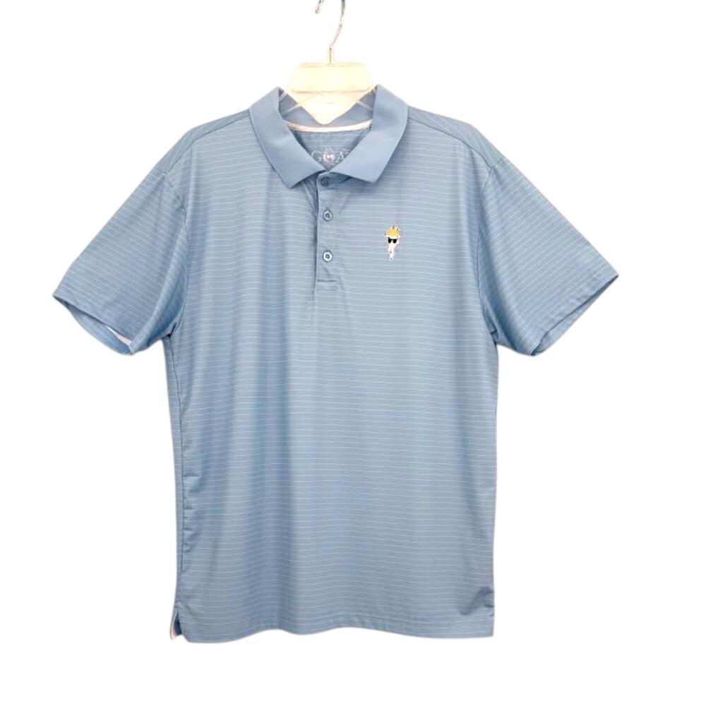 GOAT USA Polo Shirt Mens Medium Blue Striped Golf Performance Stretch Logo